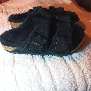Brand new  black Birkenstock faux fur lined sandals